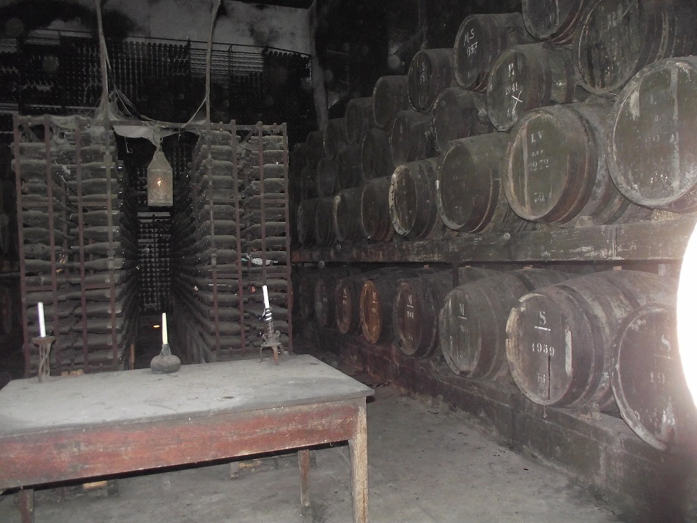 Dusty vintage wine bottles and oak barrels in the historic cellars of José Maria da Fonseca winery in Azeitão, Setúbal region, Portugal.